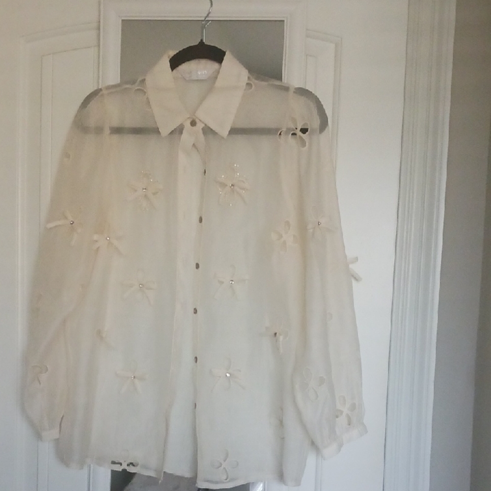 Sheer Cream Blouse with Floral Accents and Rhinestones